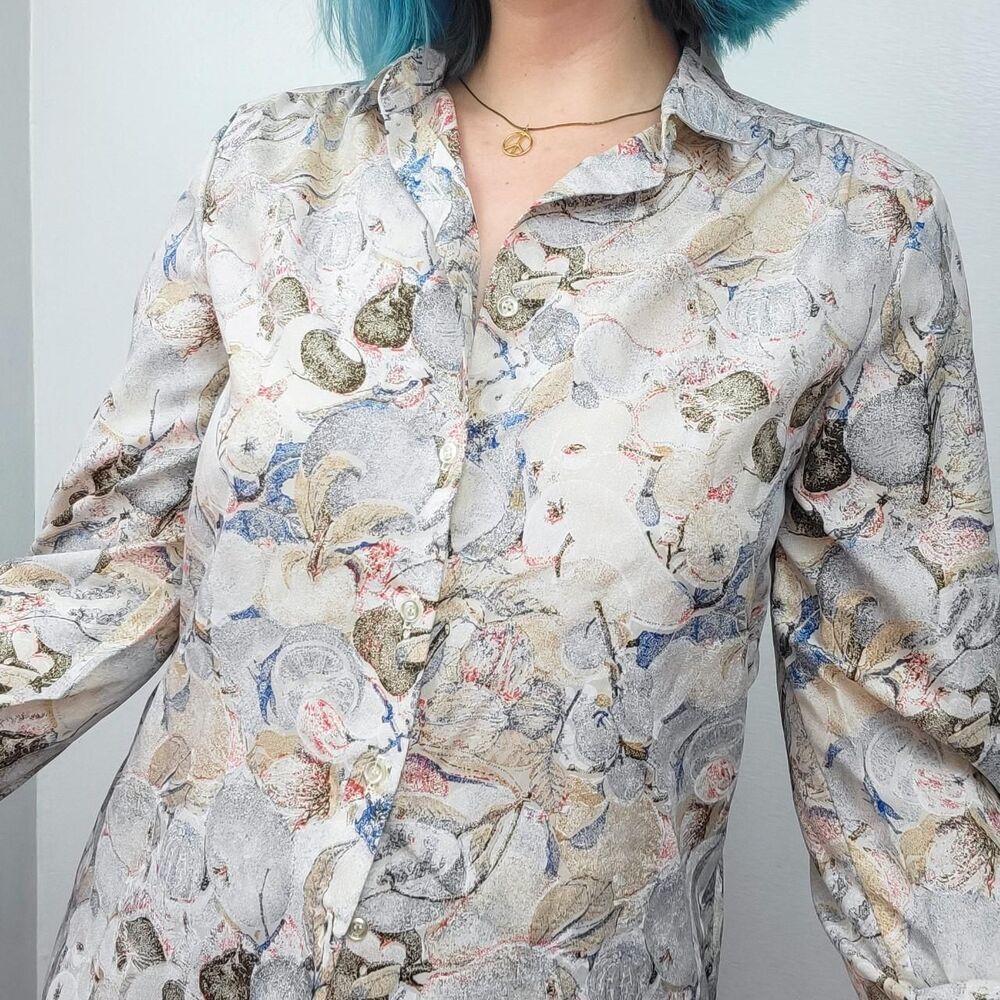 70s Neutral Tone Fruit Print Blouse
